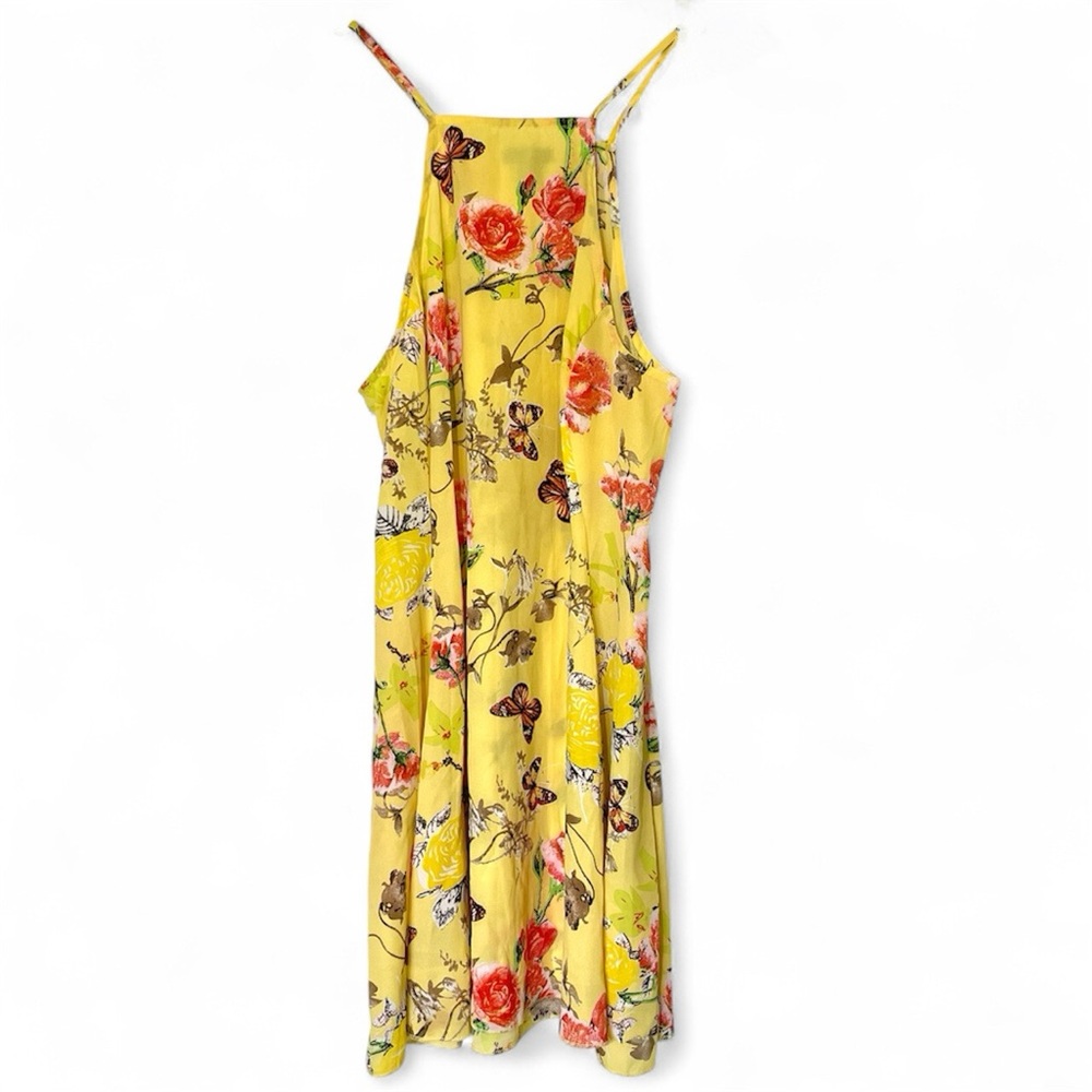 Yellow Floral Mini Dress Flowy Vacation Summer Garden Party Butterfly S